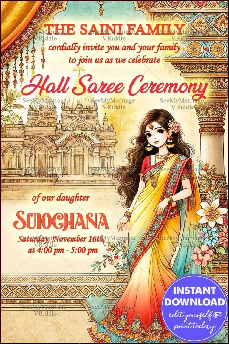 Cultural Half Saree Ceremony Invitation with Vibrant Girl Illustration and Ornate Temple Motif Background