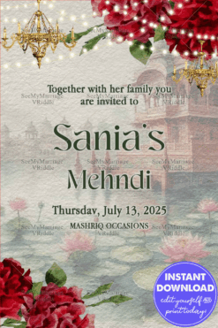 Cultural Mehndi Invitation with Red Floral Borders and Watercolor Lotus Pond Background
