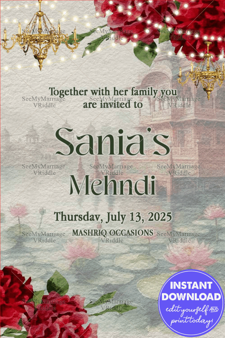Cultural Mehndi Invitation with Red Floral Borders and Watercolor Lotus Pond Background