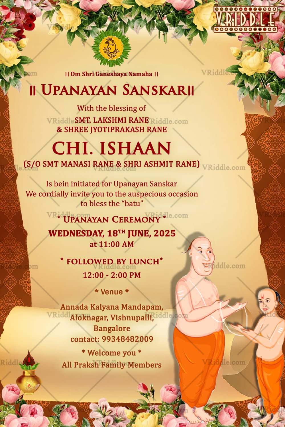 Cultural Upanayan Invitation Card with Priest Illustration, Featuring Floral Accents and Scroll Theme