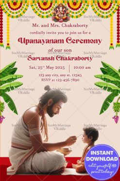 Cultural Upanayanam Ceremony Invitation with Father-Son Illustration and Marigold Garland Decor