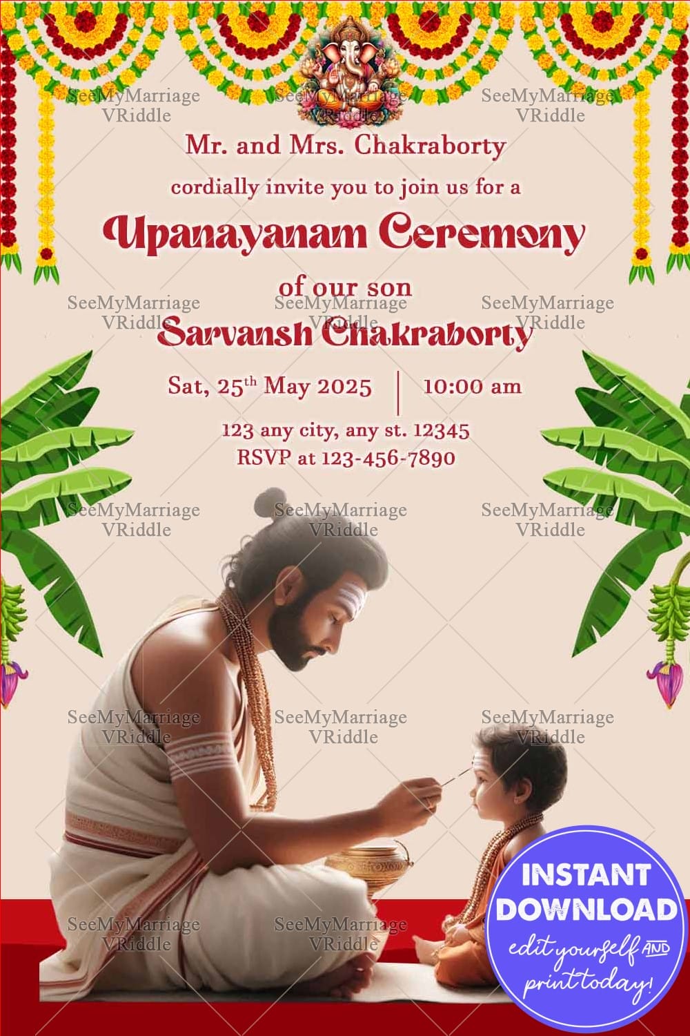 Cultural Upanayanam Ceremony Invitation with Father-Son Illustration and Marigold Garland Decor