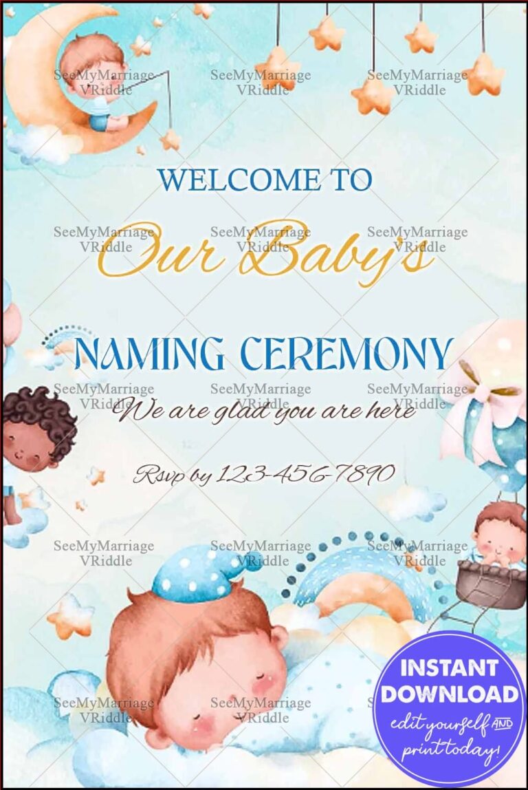 Dreamy Baby Naming Ceremony Welcome Banner with Pastel Blue Clouds, Stars, and Cute Baby Illustrations