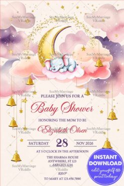 Dreamy Baby Shower Invitation with Glittery Gold Moon, Stars, and Pastel Cloud Accents