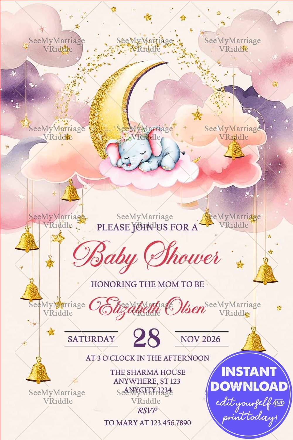 Dreamy Baby Shower Invitation with Glittery Gold Moon, Stars, and Pastel Cloud Accents