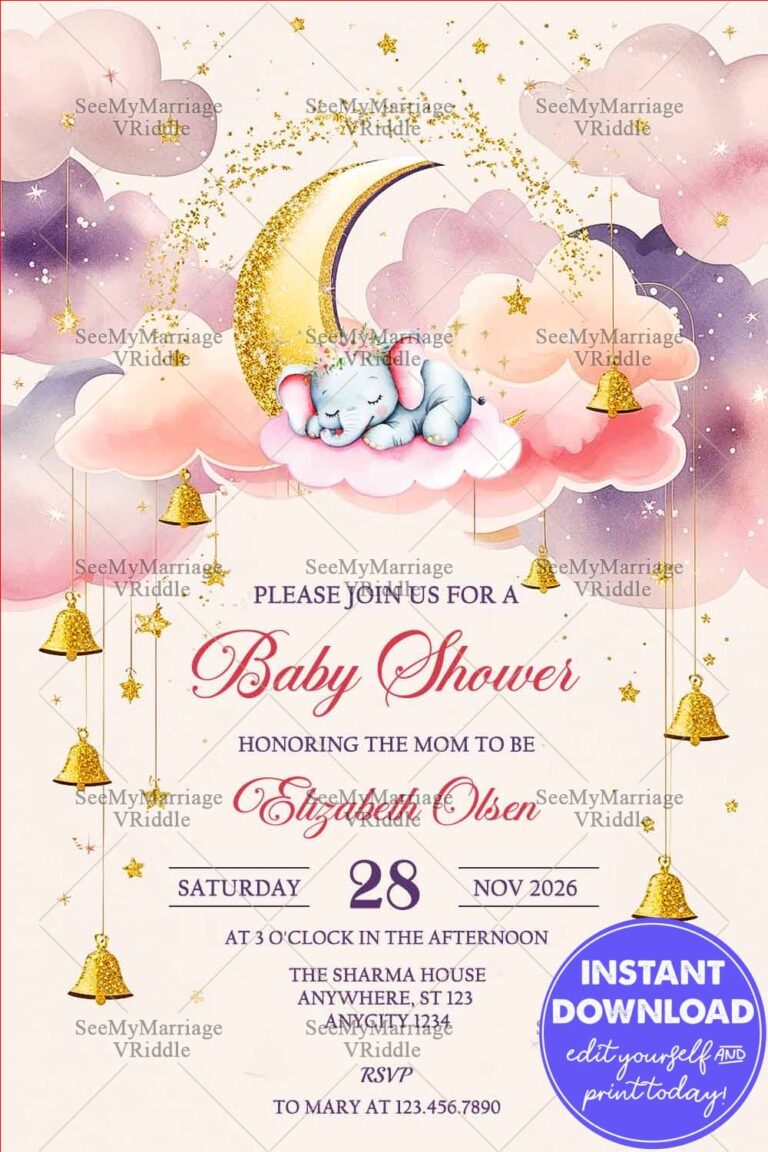Dreamy Baby Shower Invitation with Glittery Gold Moon, Stars, and Pastel Cloud Accents