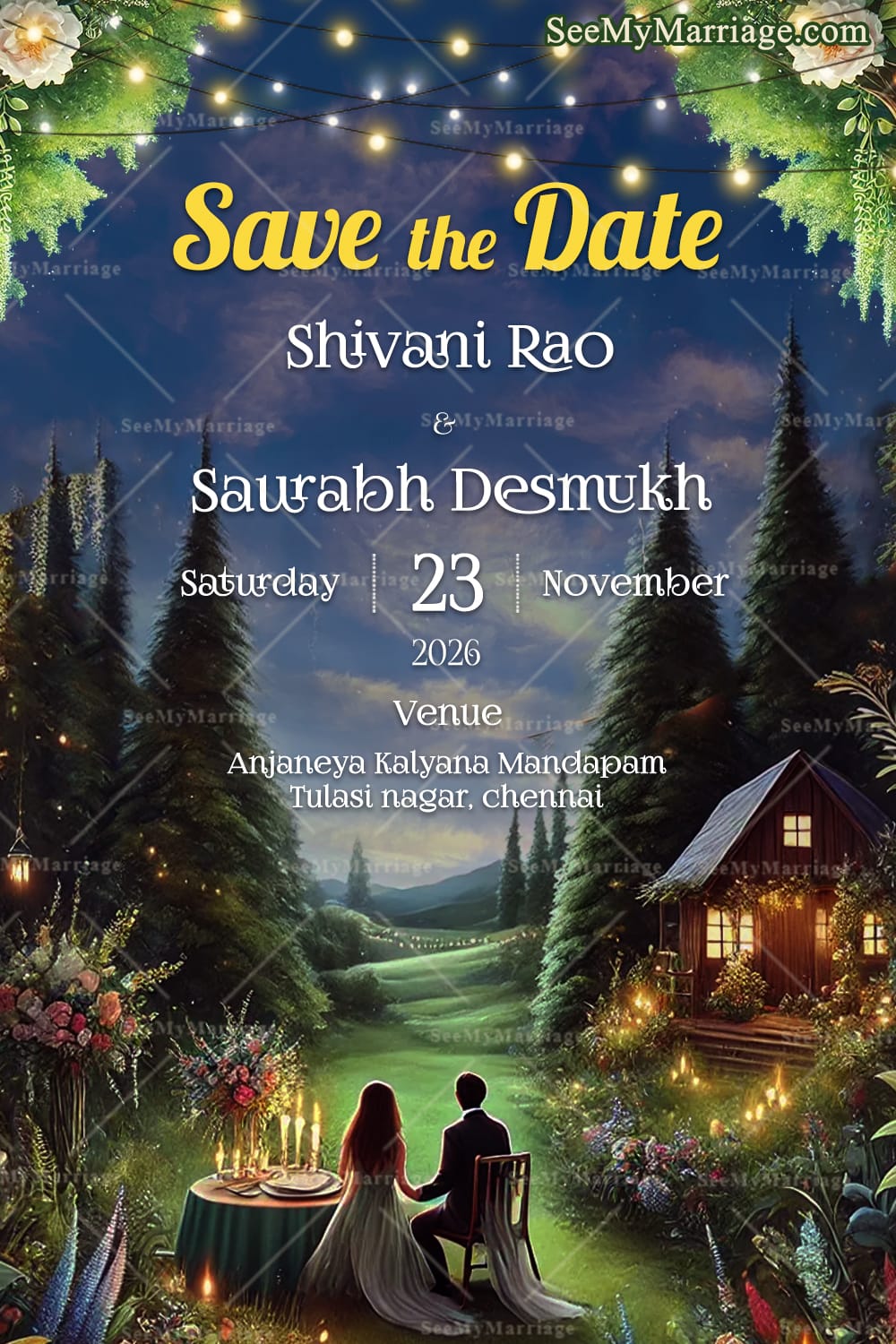 Dreamy Outdoor Wedding Save the Date with Enchanted Forest Theme, Fairy Lights and Flowers