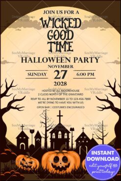 Eerie Halloween Party Invitation with Jack-O'-Lanterns, Haunted Houses, and a Graveyard Silhouette