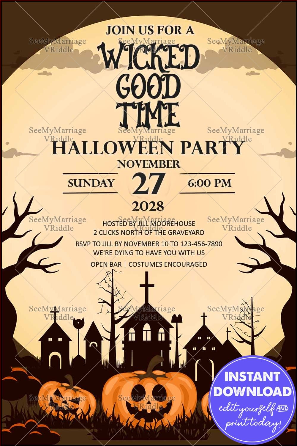 Eerie Halloween Party Invitation with Jack-O'-Lanterns, Haunted Houses, and a Graveyard Silhouette