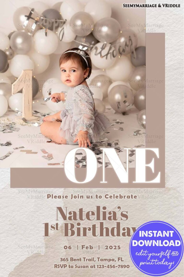 Elegant 1st Birthday Invitation with Neutral Balloons and Confetti Theme Featuring Adorable Baby Portrait