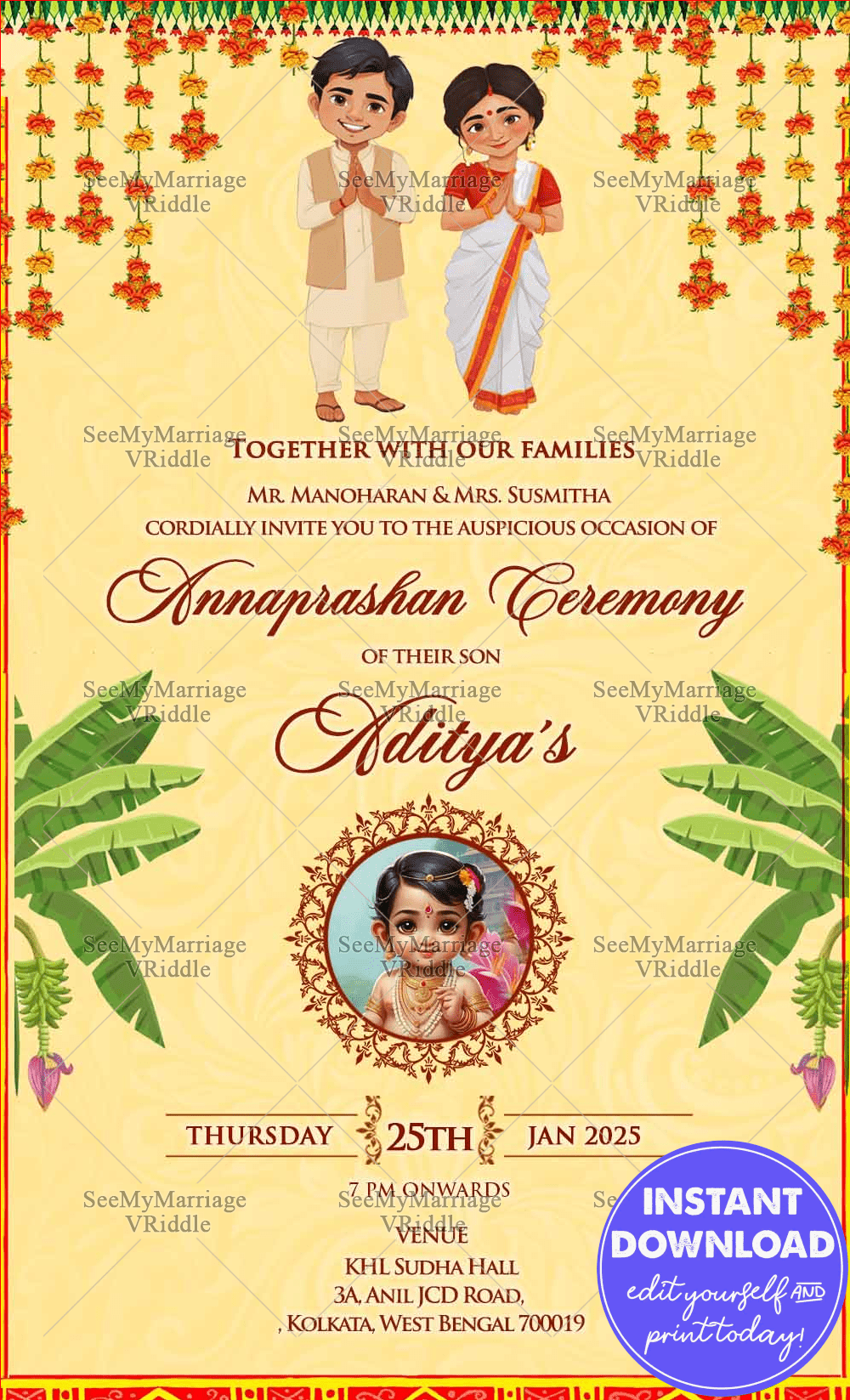 Elegant Annaprashan Invitation with Cartoon Family and Baby Portrait, Festive Accents