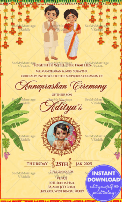Elegant Annaprashan Invitation with Cartoon Family and Baby Portrait, Festive Accents