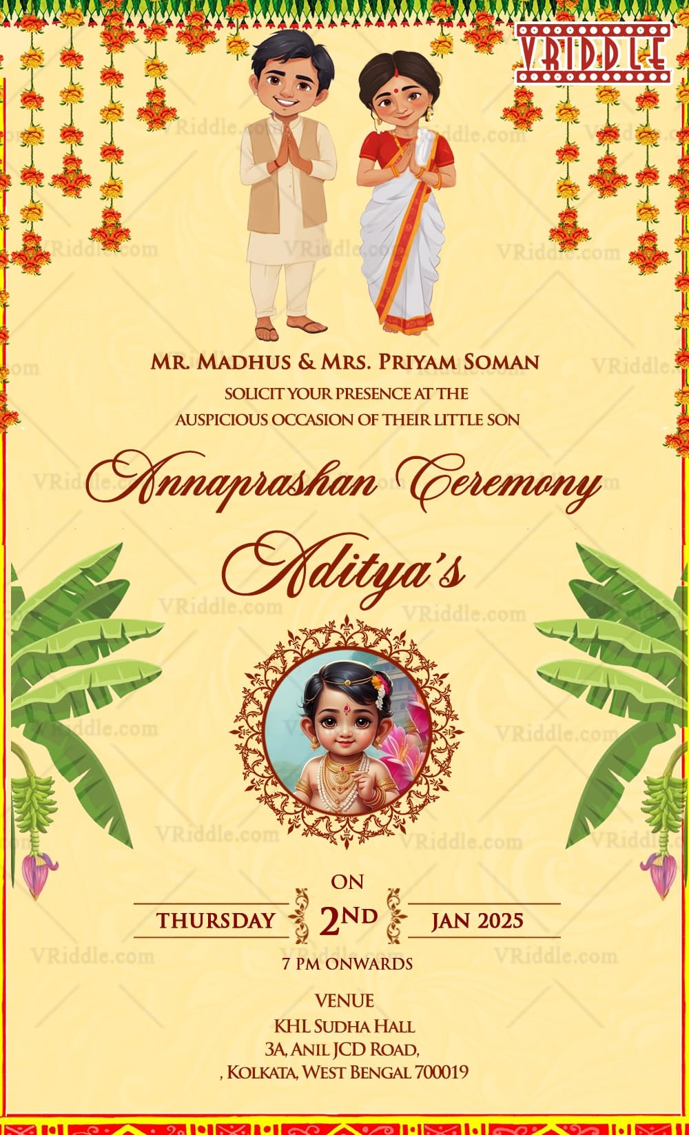Elegant Annaprashan Invitation with Cartoon Family and Baby Portrait, Festive Accents