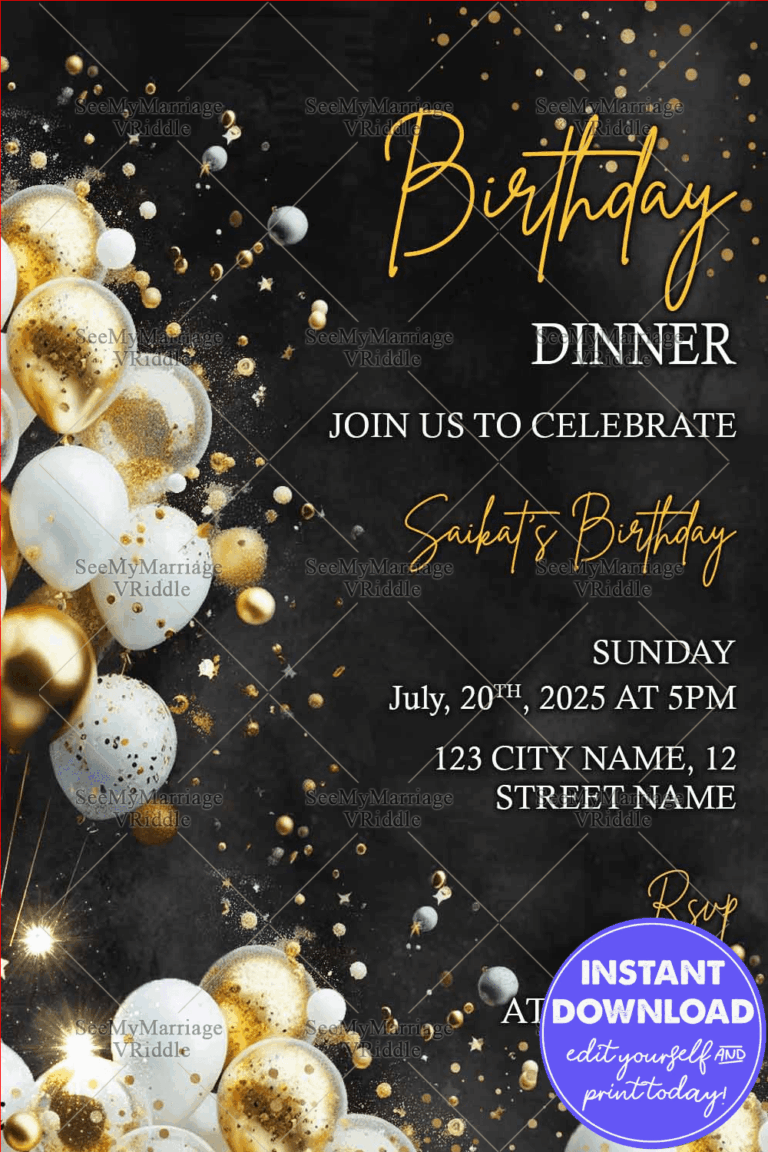 Elegant Birthday Dinner Invitation with Black and Gold Theme, Balloons and Sparkling Design
