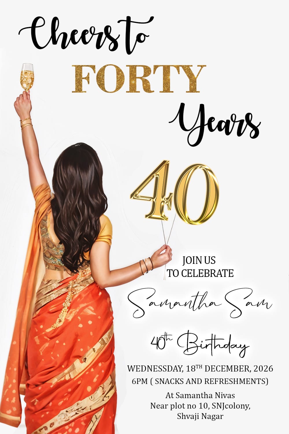 Elegant Birthday Invitation for 40-Year Celebration with Champagne Theme & Balloon Design