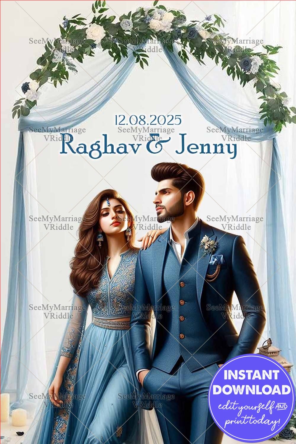 Elegant Blue Indian Wedding Banner in Modern Design with Couple Illustration, Draped Floral Arch and Soft Blue Aesthetic