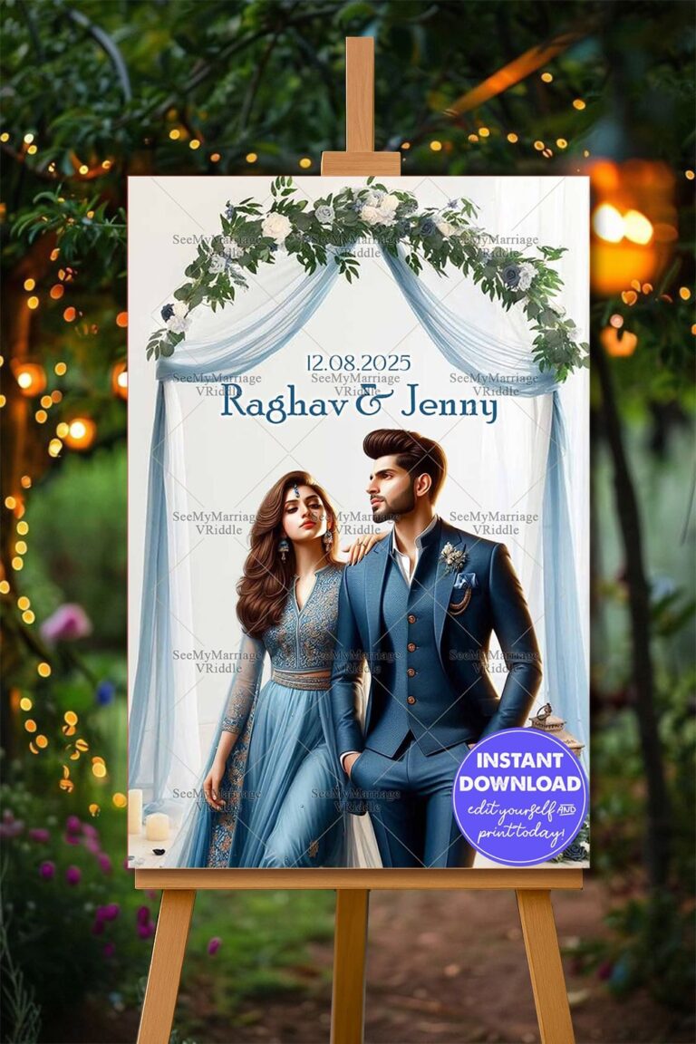 Elegant Blue Indian Wedding Banner in Modern Design with Couple Illustration, Draped Floral Arch and Soft Blue Aesthetic