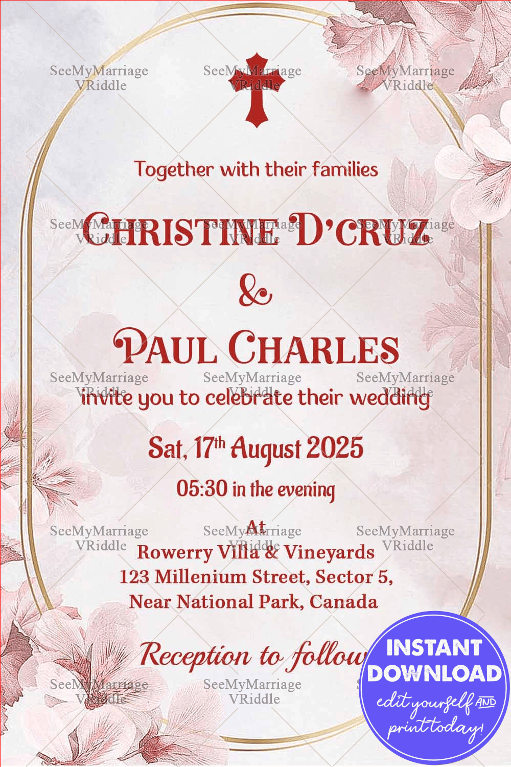 Elegant Floral Wedding Invitation with Pink Blossoms, Gold Accents, and a Classic Minimalist Design
