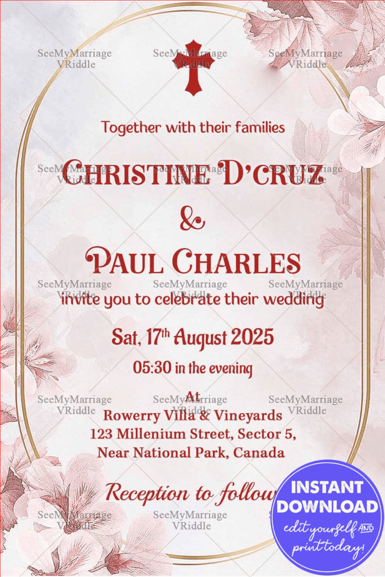 Elegant Floral Wedding Invitation with Pink Blossoms, Gold Accents, and a Classic Minimalist Design