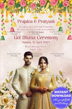 Elegant Gol Dhana Ceremony Invitation with Traditional Floral Decor and a Regal Indian Couple