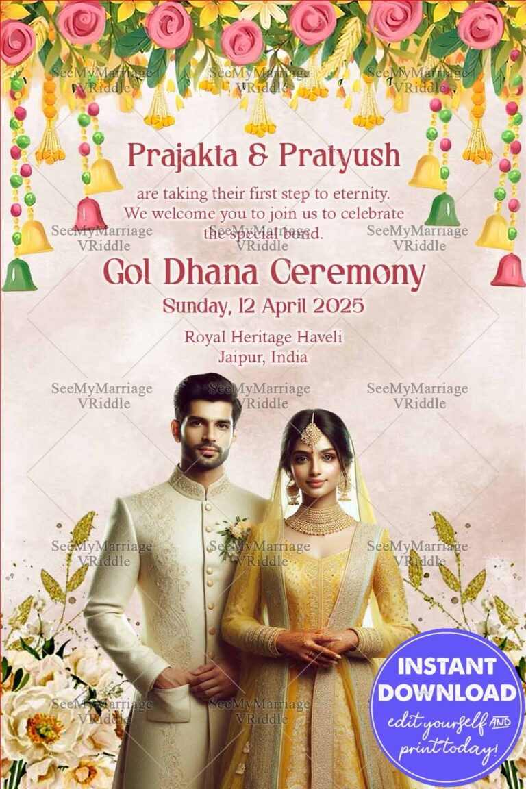 Elegant Gol Dhana Ceremony Invitation with Traditional Floral Decor and a Regal Indian Couple