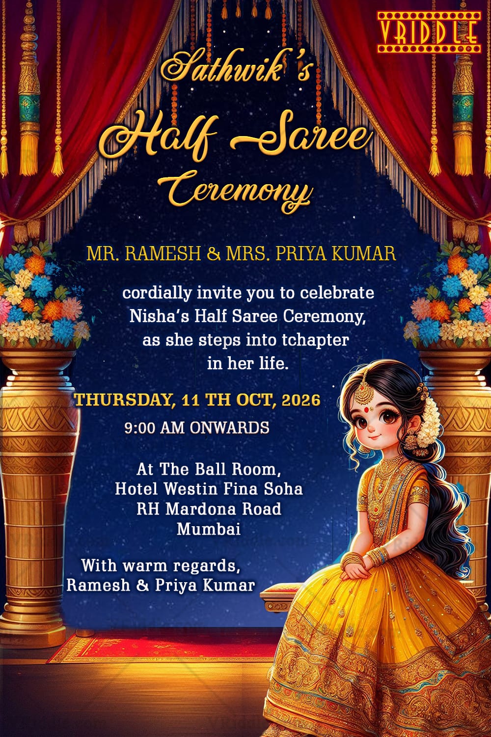 Elegant Half-Saree Ceremony Invitation With Golden Accents & Flowers, Night Sky Theme
