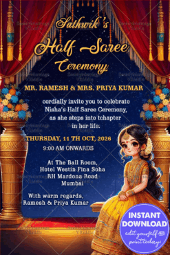 Elegant Half-Saree Ceremony Invitation With Golden Accents & Flowers, Night Sky Theme