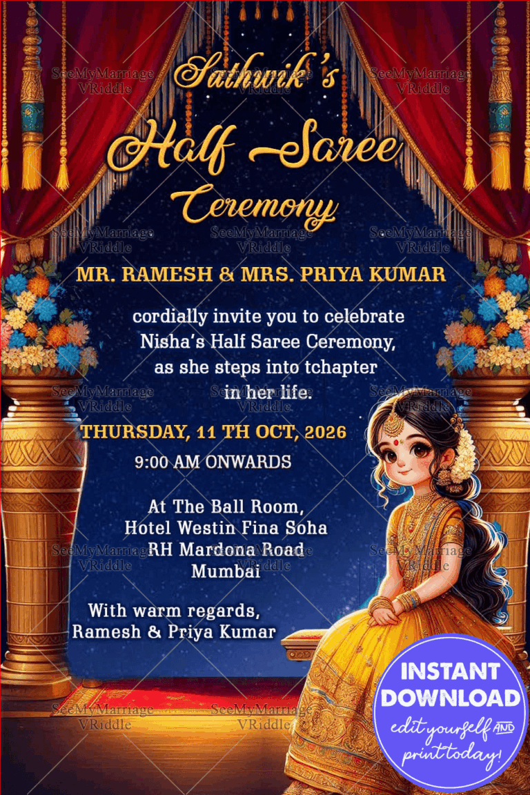 Elegant Half-Saree Ceremony Invitation With Golden Accents & Flowers, Night Sky Theme