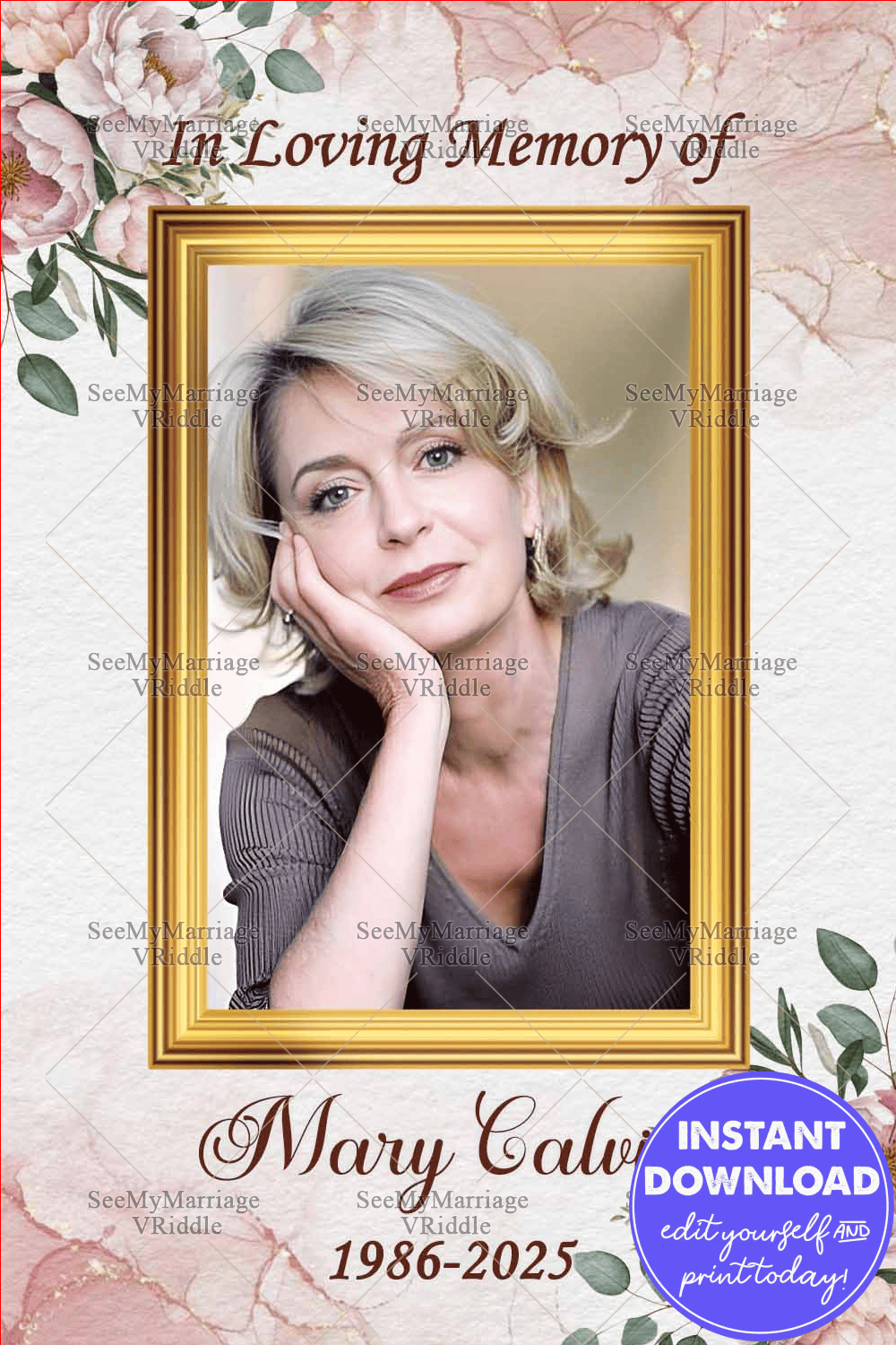 Elegant Memorial Poster with Gold Frame and Subtle Pink Floral Accents for a Celebration of Life