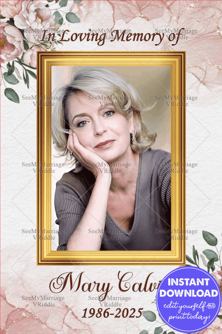Elegant Memorial Poster with Gold Frame and Subtle Pink Floral Accents for a Celebration of Life