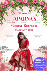 Elegant Red Bridal Shower Welcome Banner with Floral Garland and Stunning Bride Illustration on a White Background
