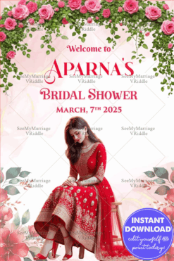 Elegant Red Bridal Shower Welcome Banner with Floral Garland and Stunning Bride Illustration on a White Background