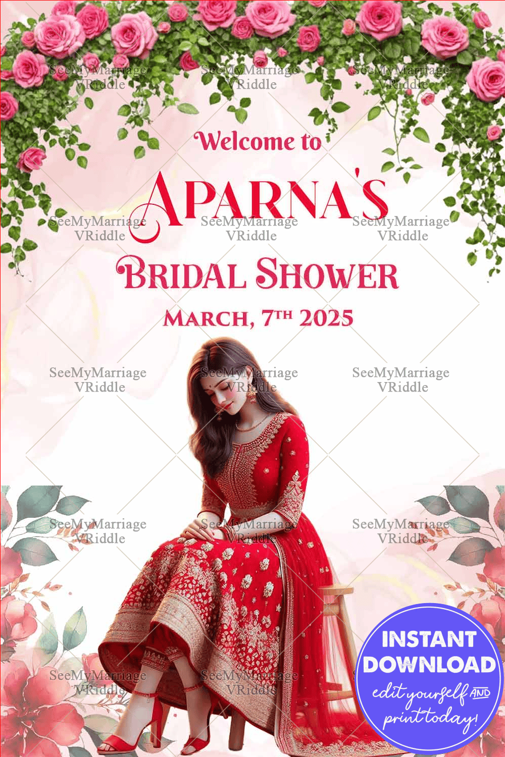 Elegant Red Bridal Shower Welcome Banner with Floral Garland and Stunning Bride Illustration on a White Background