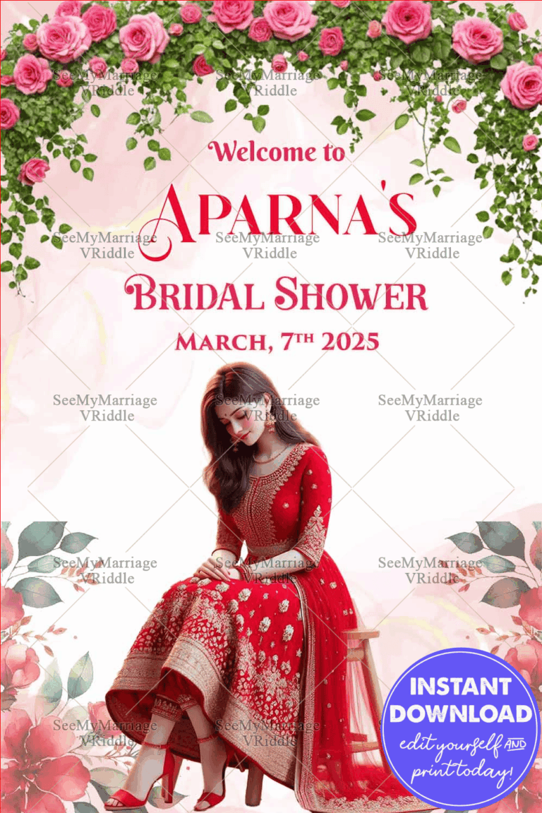 Elegant Red Bridal Shower Welcome Banner with Floral Garland and Stunning Bride Illustration on a White Background