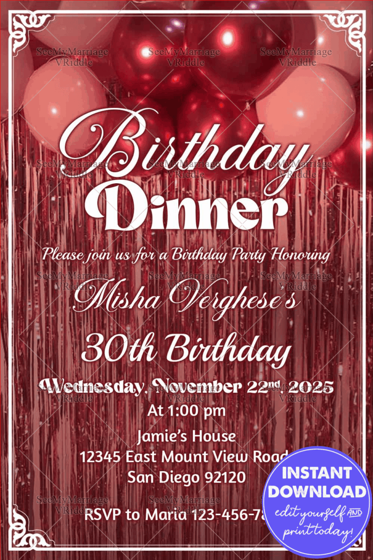 Elegant Red-Themed 30th Birthday Dinner Invitation with Balloons and White Ornate Frame Design