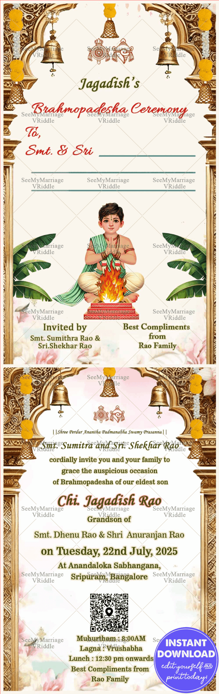 Elegant Upanayan Ceremony Invitation With Caricature Boy & Pooja Theme, Bells, Gold Decor
