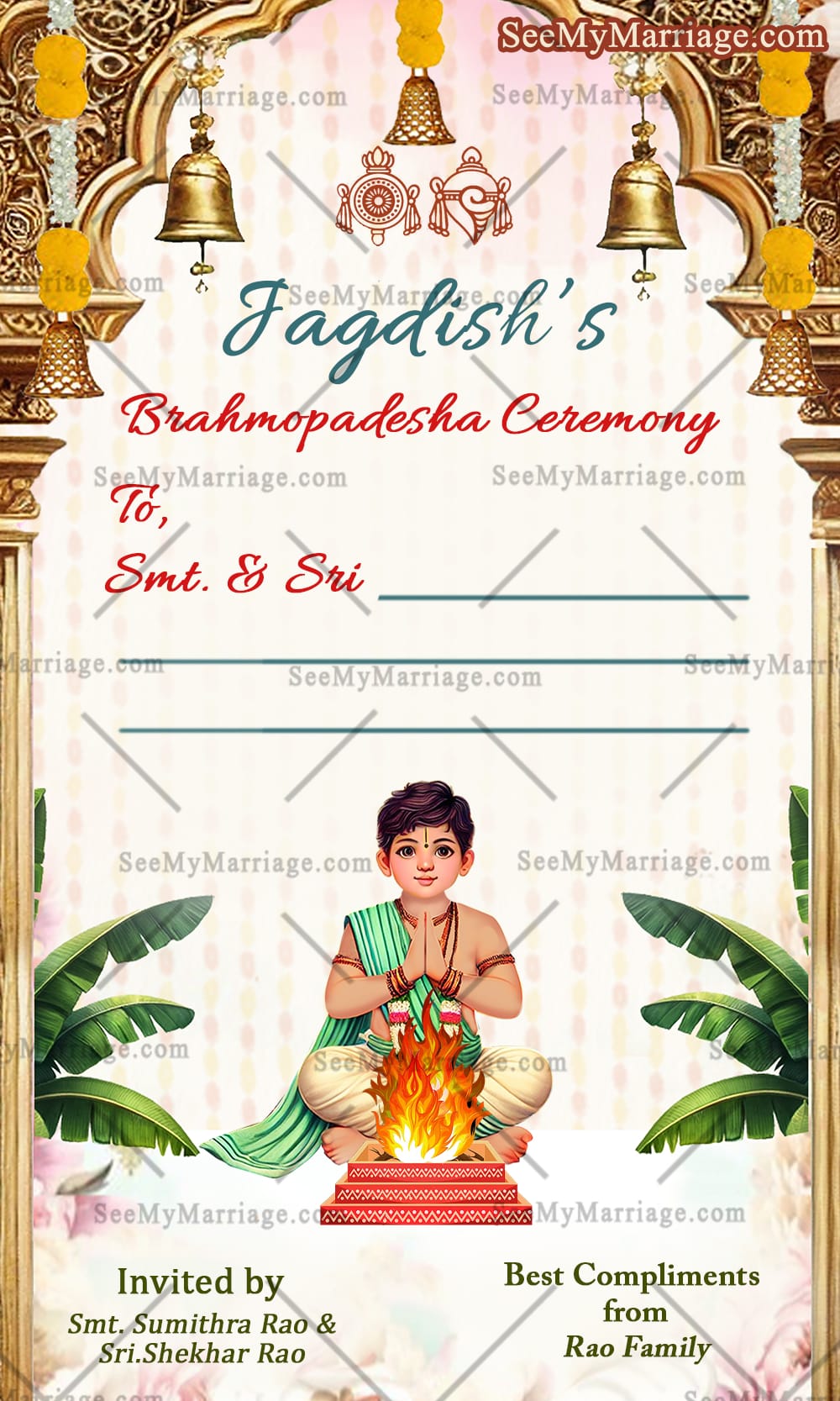Elegant Upanayan Ceremony Invitation With Caricature Boy & Pooja Theme, Bells, Gold Decor