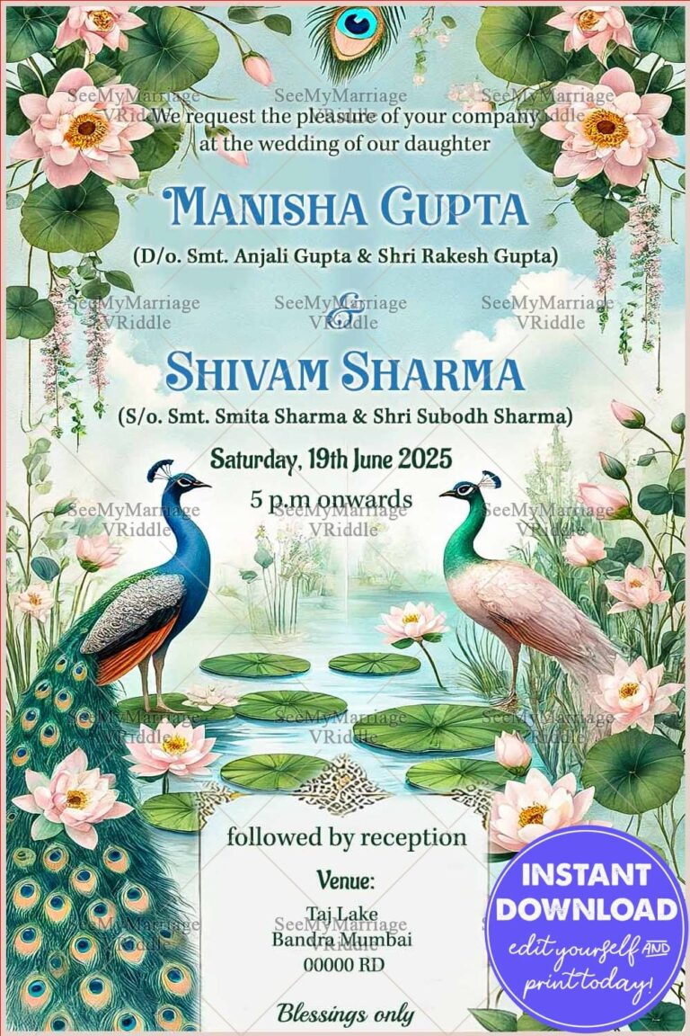 Enchanting Peacock and Lotus-Themed Wedding Invitation with Nature-Inspired Artwork