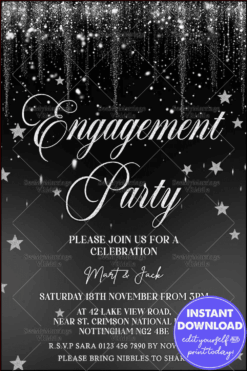 Engagement Party Invitation with Glittering Stars and a Glamorous Black and Silver Theme