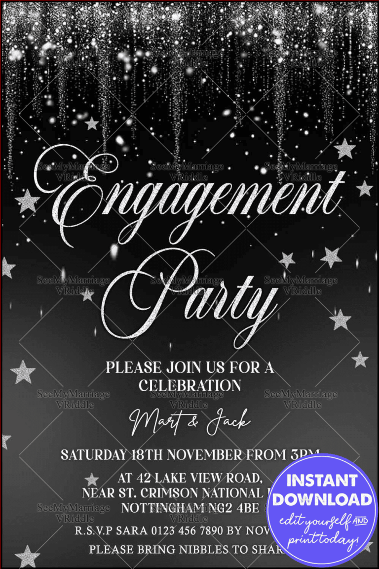 Engagement Party Invitation with Glittering Stars and a Glamorous Black and Silver Theme