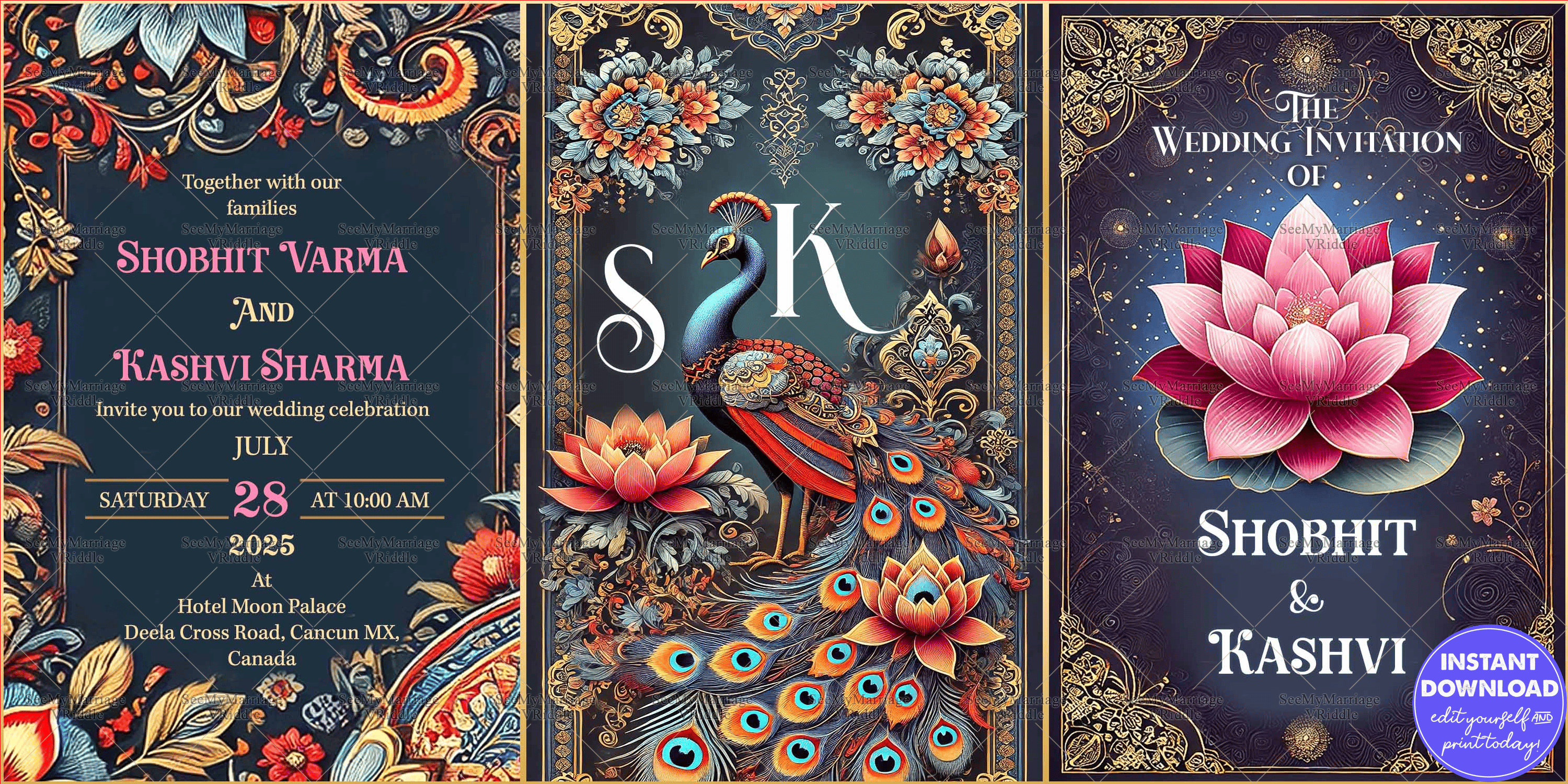 Exquisite Wedding Invitation Featuring Floral and Peacock Motifs with Lotus Design and Ornate Paisley Elements