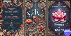 Exquisite Wedding Invitation Featuring Floral and Peacock Motifs with Lotus Design and Ornate Paisley Elements