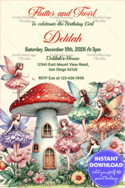 Fairy-Themed Birthday Invitation with Mushroom House Illustration and Floral Fairy Characters for a Magical Party