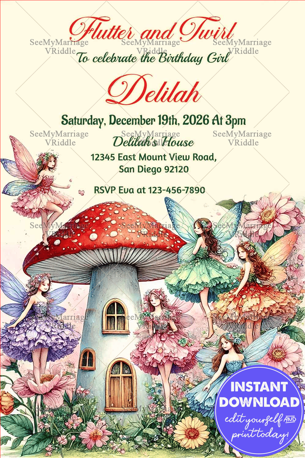 Fairy-Themed Birthday Invitation with Mushroom House Illustration and Floral Fairy Characters for a Magical Party