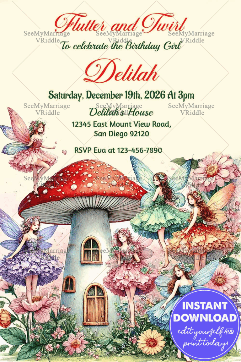 Fairy-Themed Birthday Invitation with Mushroom House Illustration and Floral Fairy Characters for a Magical Party
