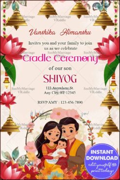 Family-Themed Cradle Ceremony Invitation Featuring a Happy Family Illustration and Vibrant Floral Decorations