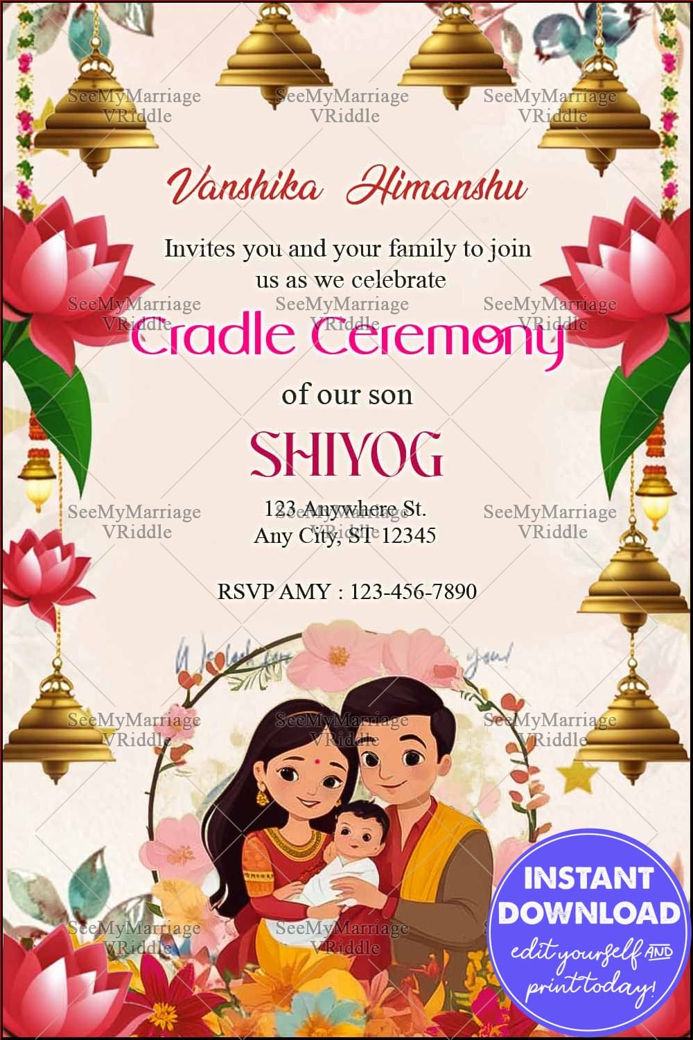 Family-Themed Cradle Ceremony Invitation Featuring a Happy Family Illustration and Vibrant Floral Decorations