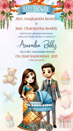 Festive Baby Shower Invitation Video with Cartoon Couple Illustration and Teddy Bear Motif