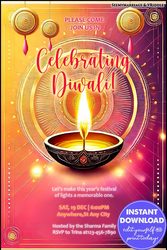 Festive Diwali Party Invitation with Bright Diya and Vibrant Pink-Orange Background