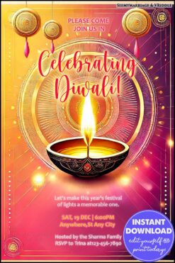 Festive Diwali Party Invitation with Bright Diya and Vibrant Pink-Orange Background